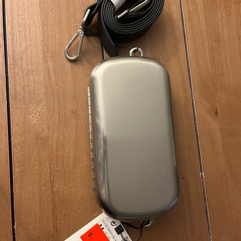 Silver Metal Crossbody Bag with Black Strap